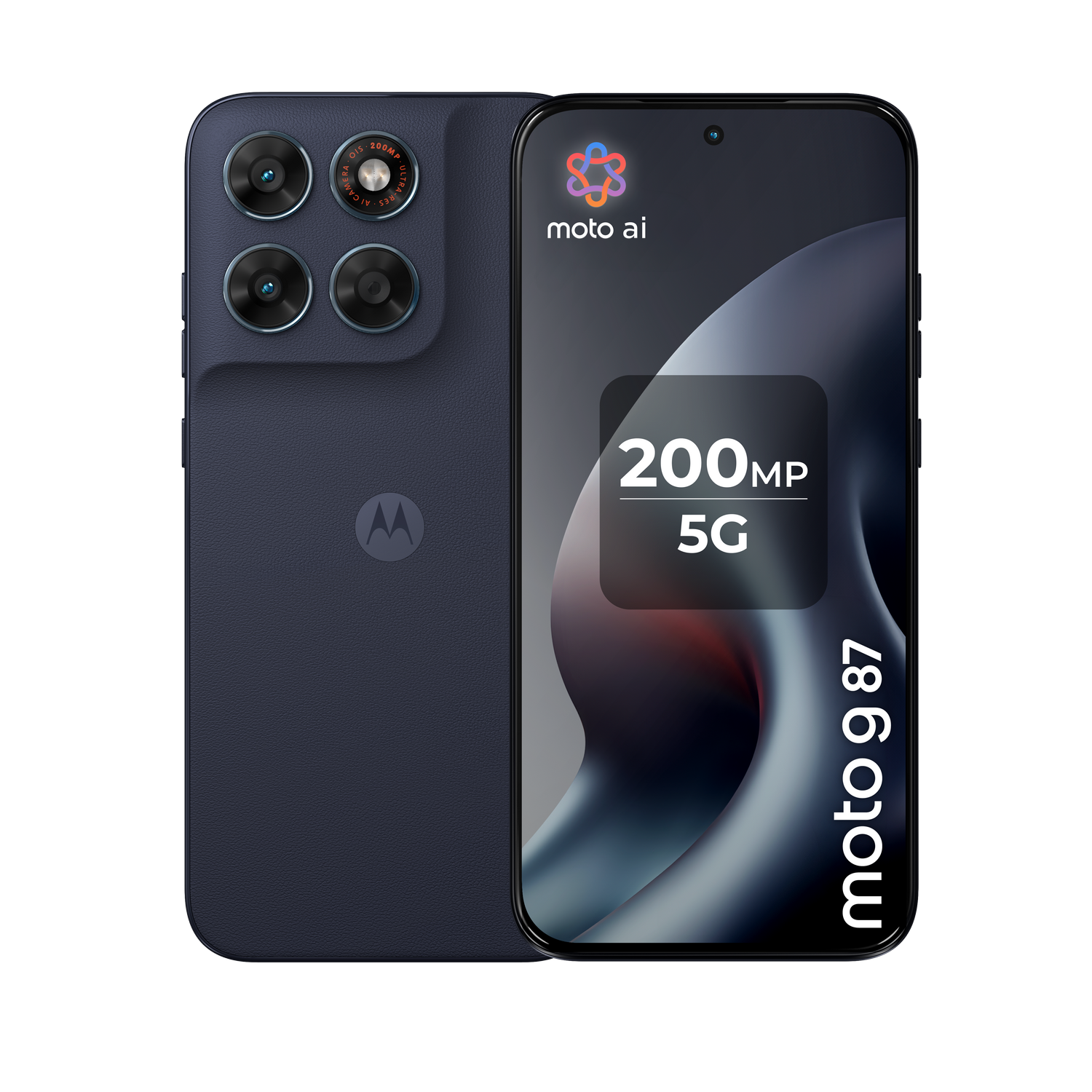 Teléfono Motorola azul oscuro con 4 cámaras traseras, 200MP 5G en pantalla.