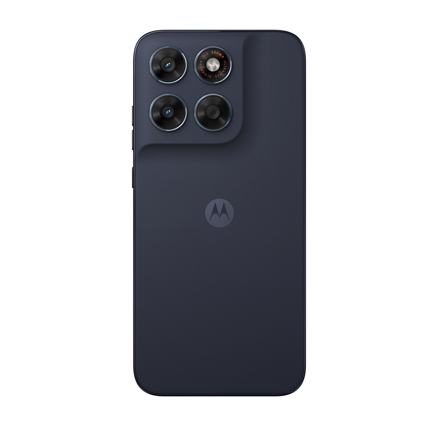 Parte trasera de smartphone azul oscuro con cuatro cámaras y logo Motorola.
