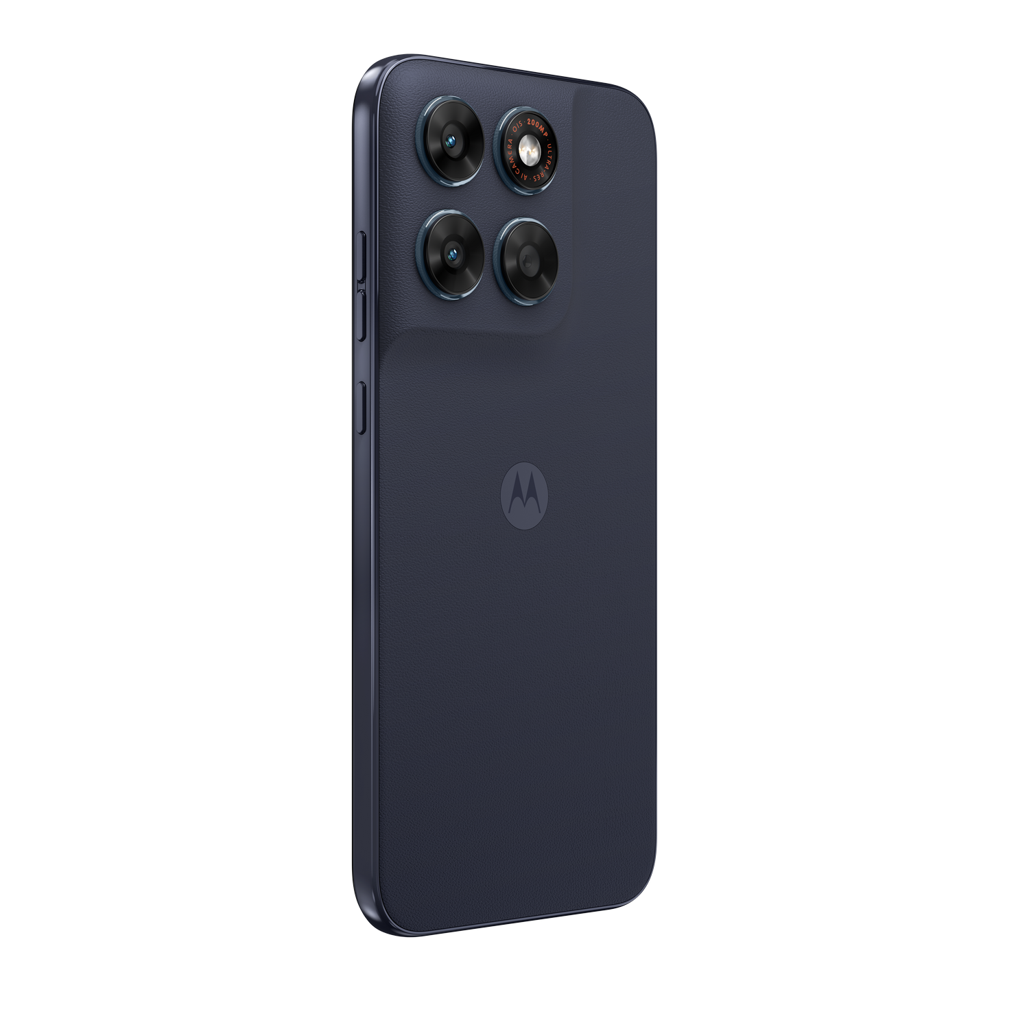Teléfono inteligente azul oscuro con cuatro cámaras y logo de Motorola atrás.