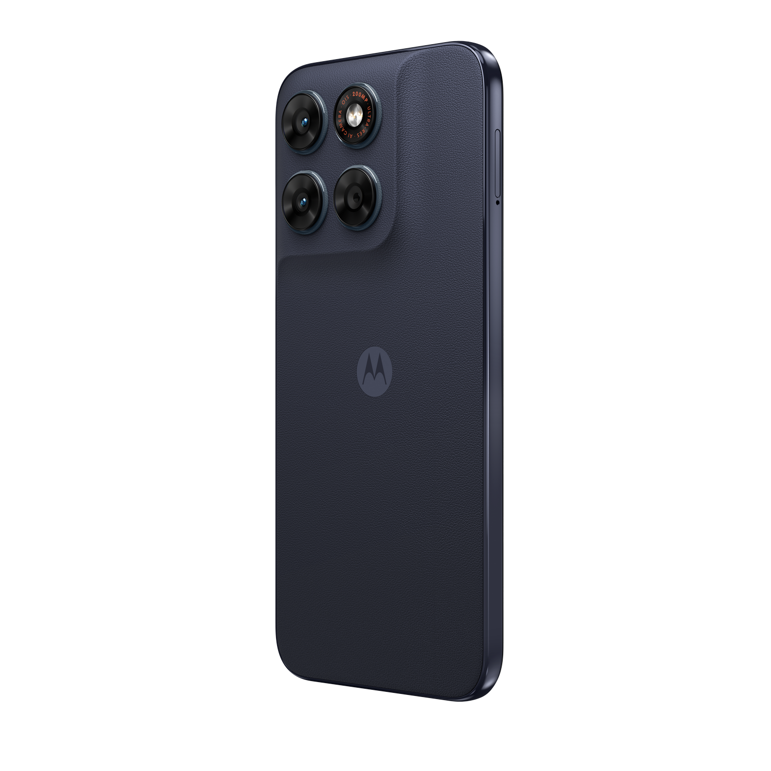 Smartphone Motorola azul oscuro con configuración de cuatro cámaras y logo.