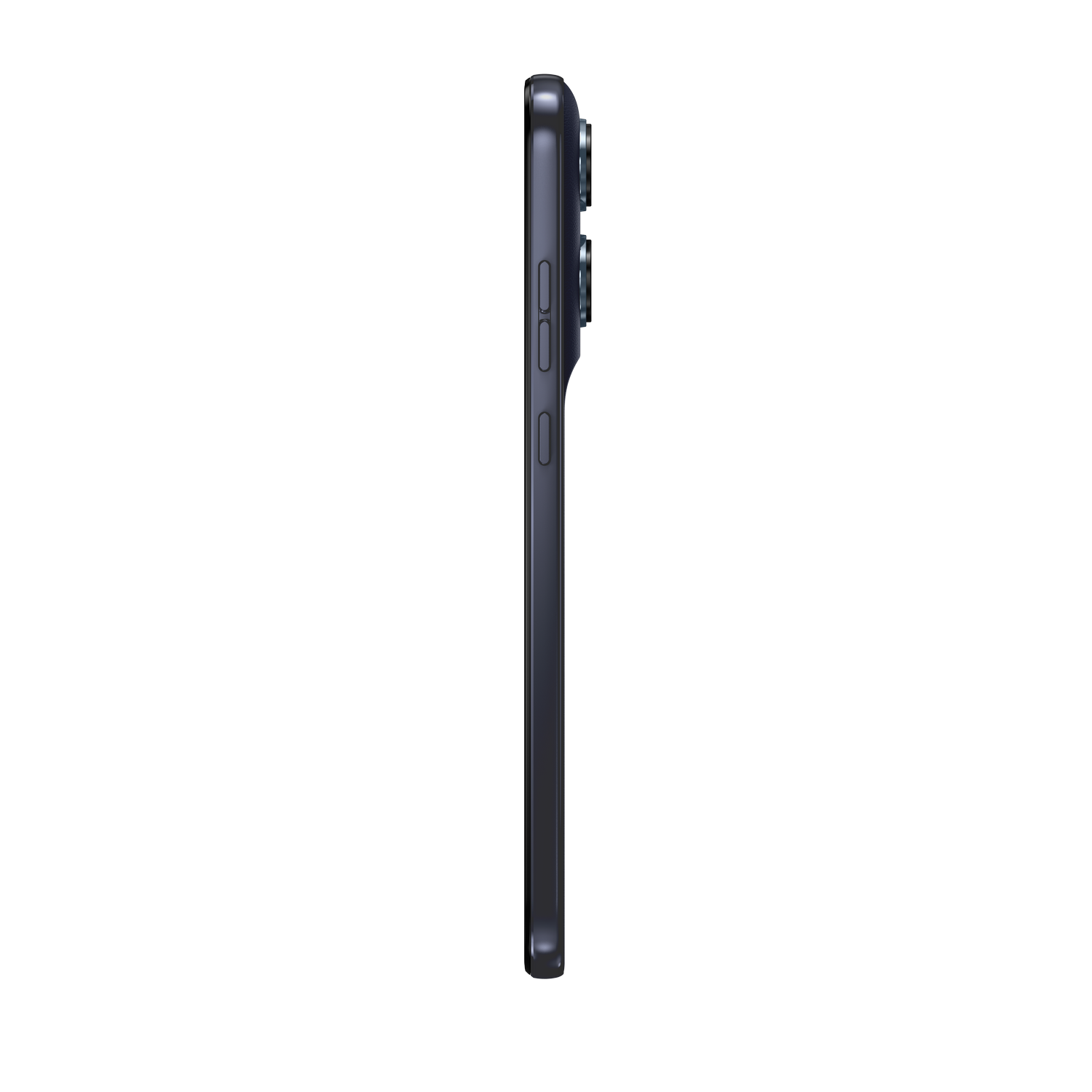 Teléfono inteligente gris oscuro de perfil, con cámaras y botones visibles.