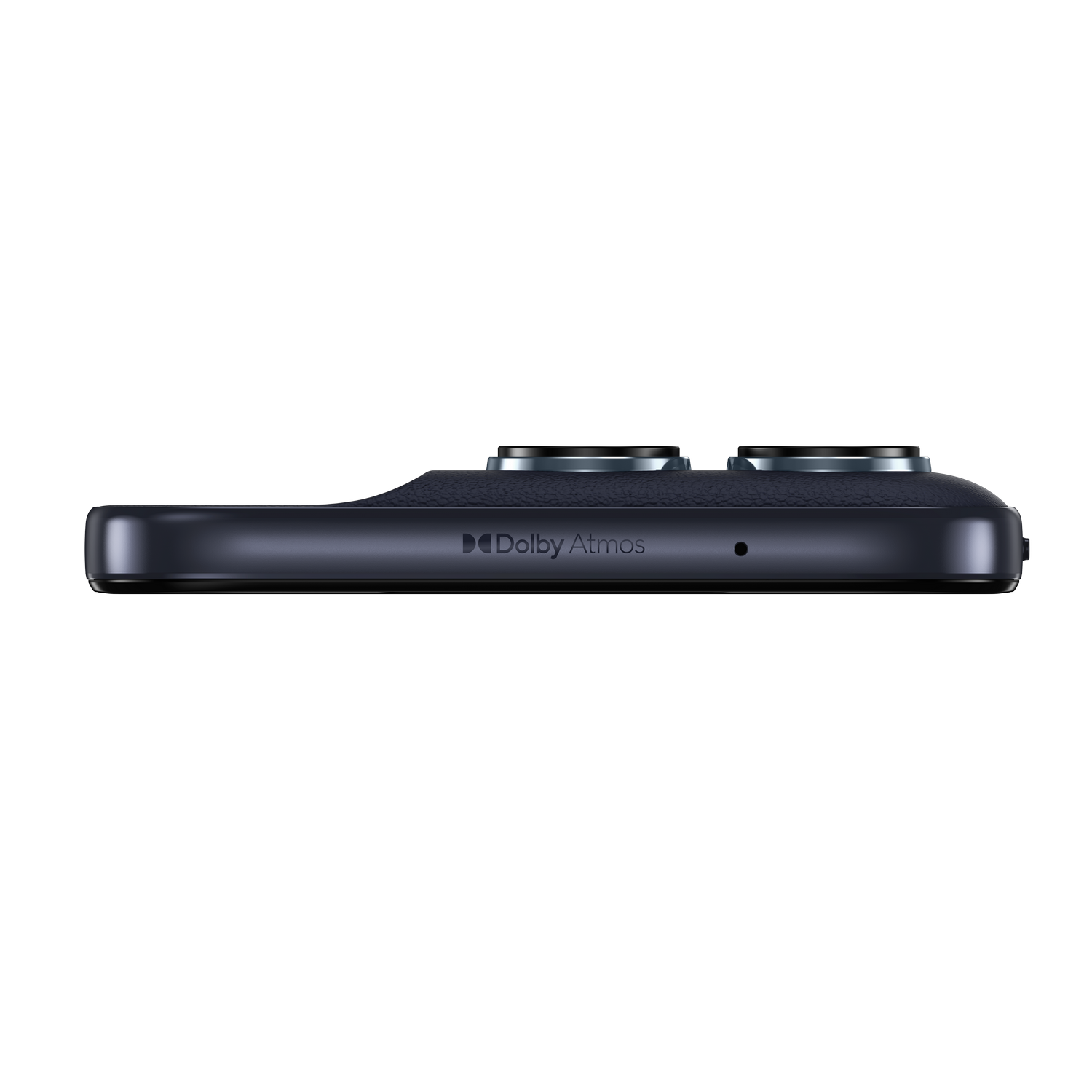 Teléfono inteligente gris oscuro con logo Dolby Atmos y dos lentes.