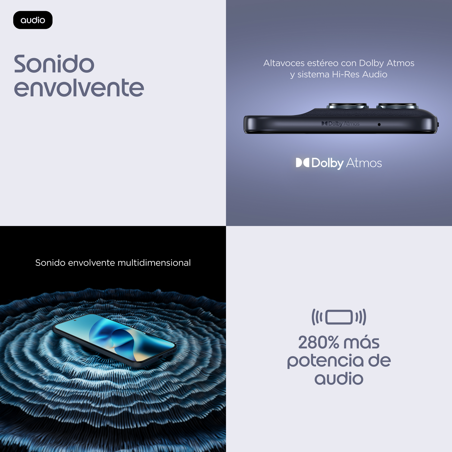 Un smartphone con Dolby Atmos y Hi-Res Audio para sonido inmersivo.