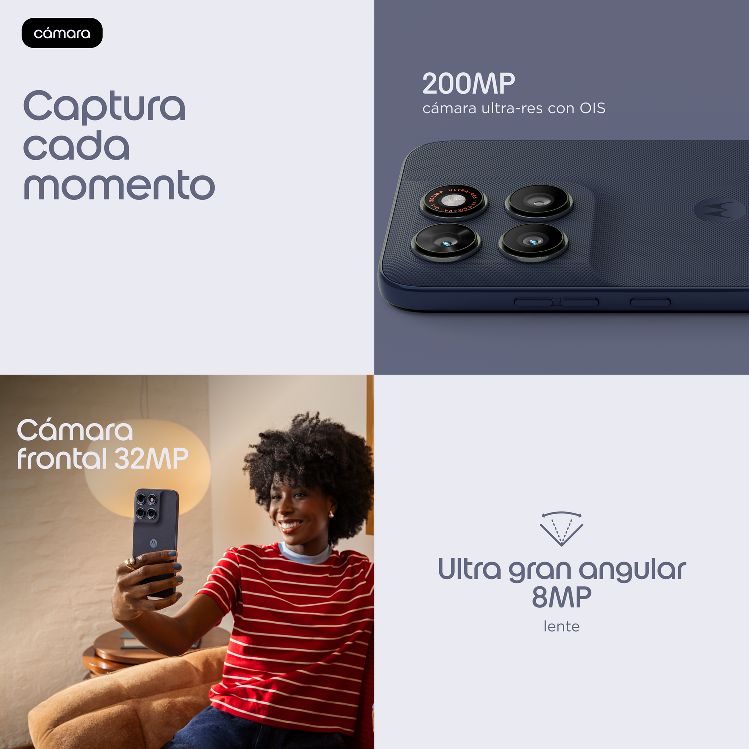 Anuncio de cámara de smartphone mostrando un primer plano de la cámara trasera y una mujer tomándose una selfie.