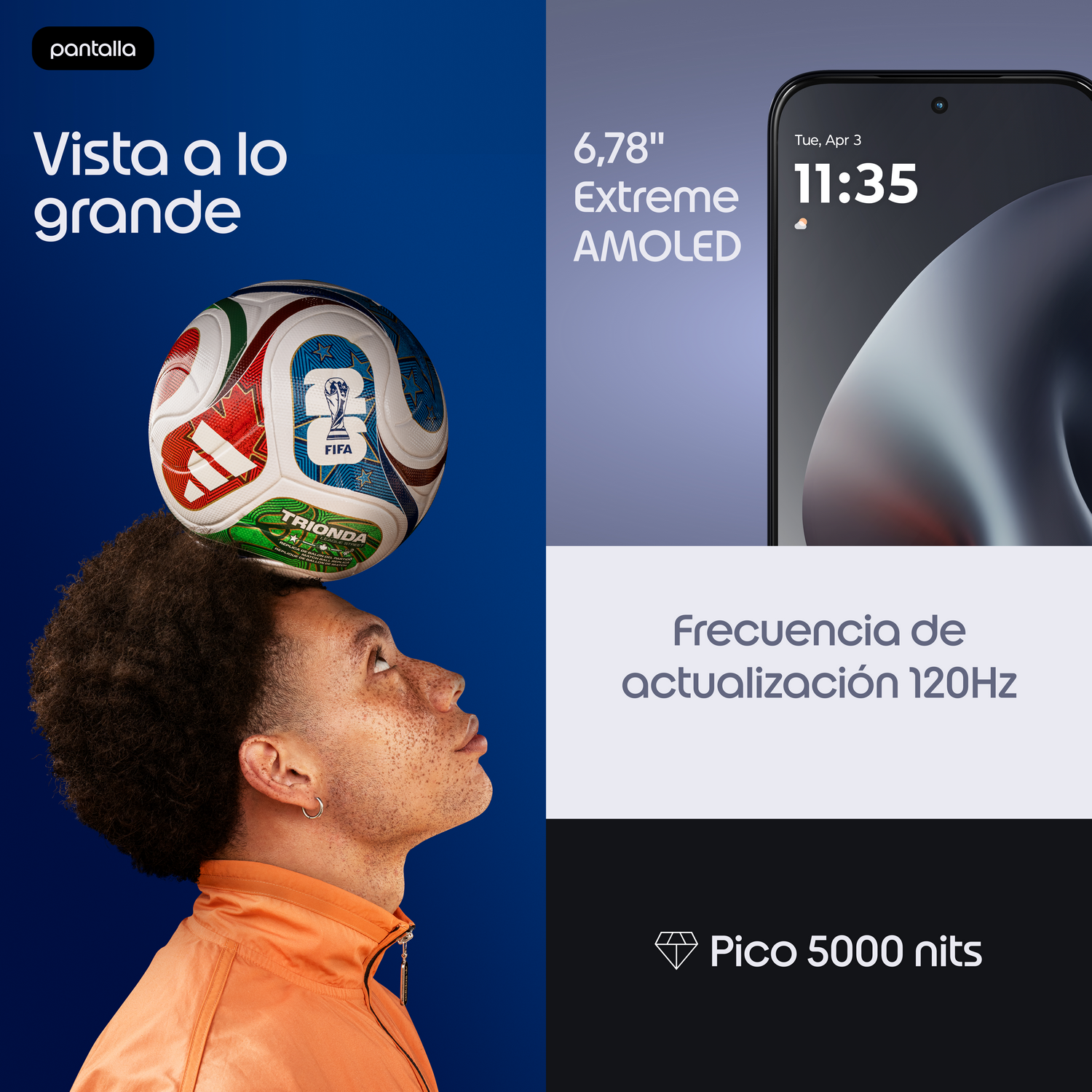 Hombre equilibra balón de fútbol en la cabeza, junto a especificaciones.