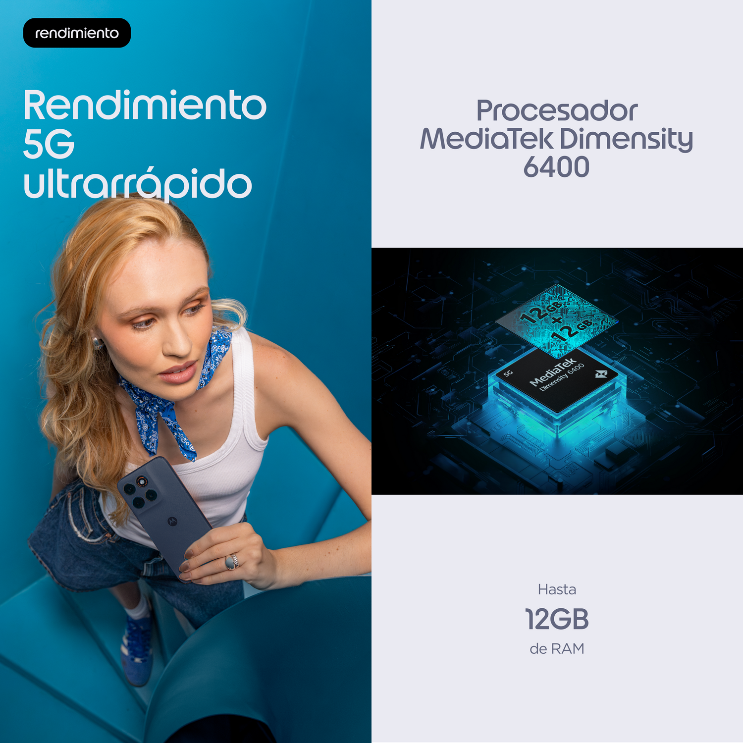 Mujer con teléfono, procesador Mediatek Dimensity 6400 y 12GB RAM.
