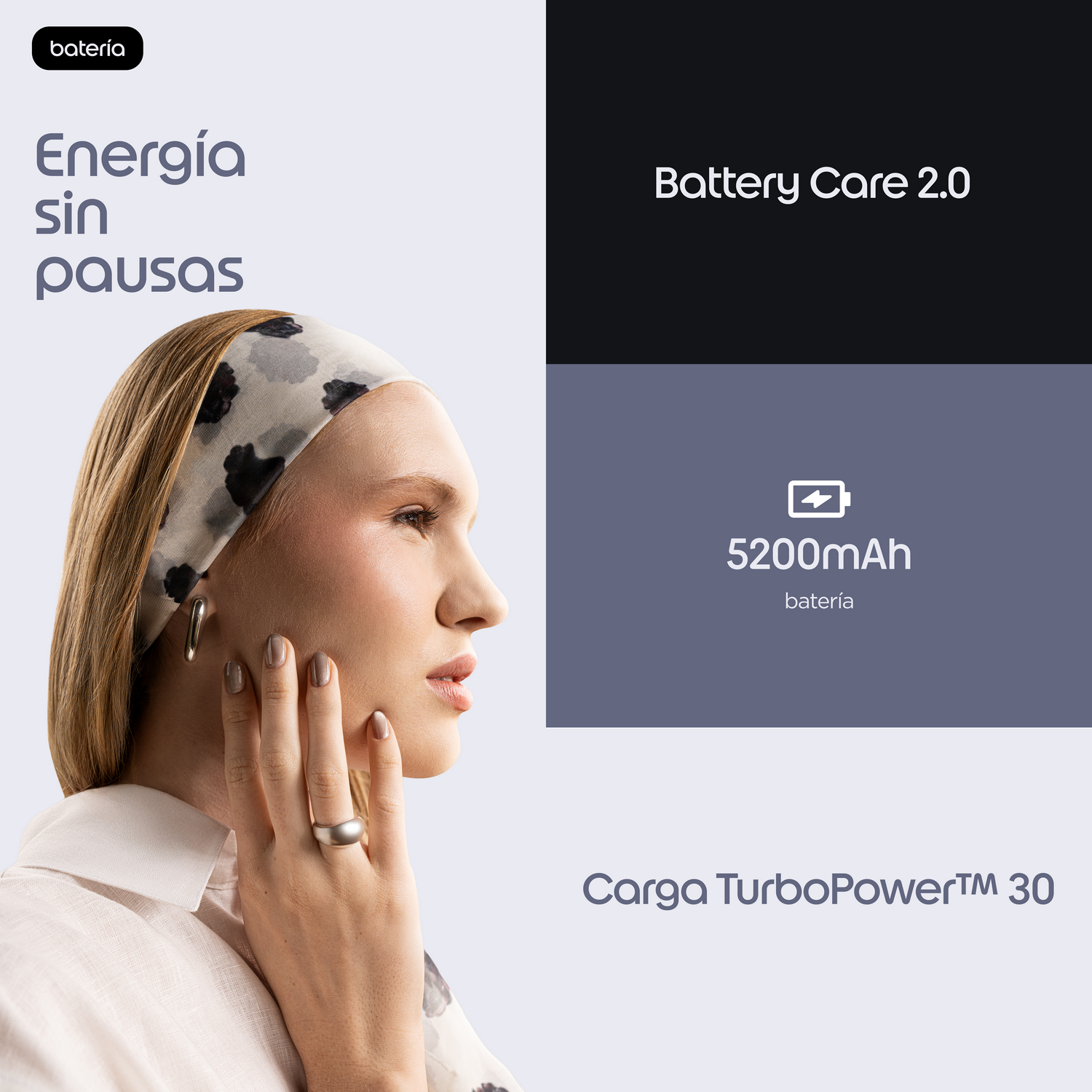 Mujer con pañuelo y joyas. Batería 5200mAh, carga TurboPower 30.