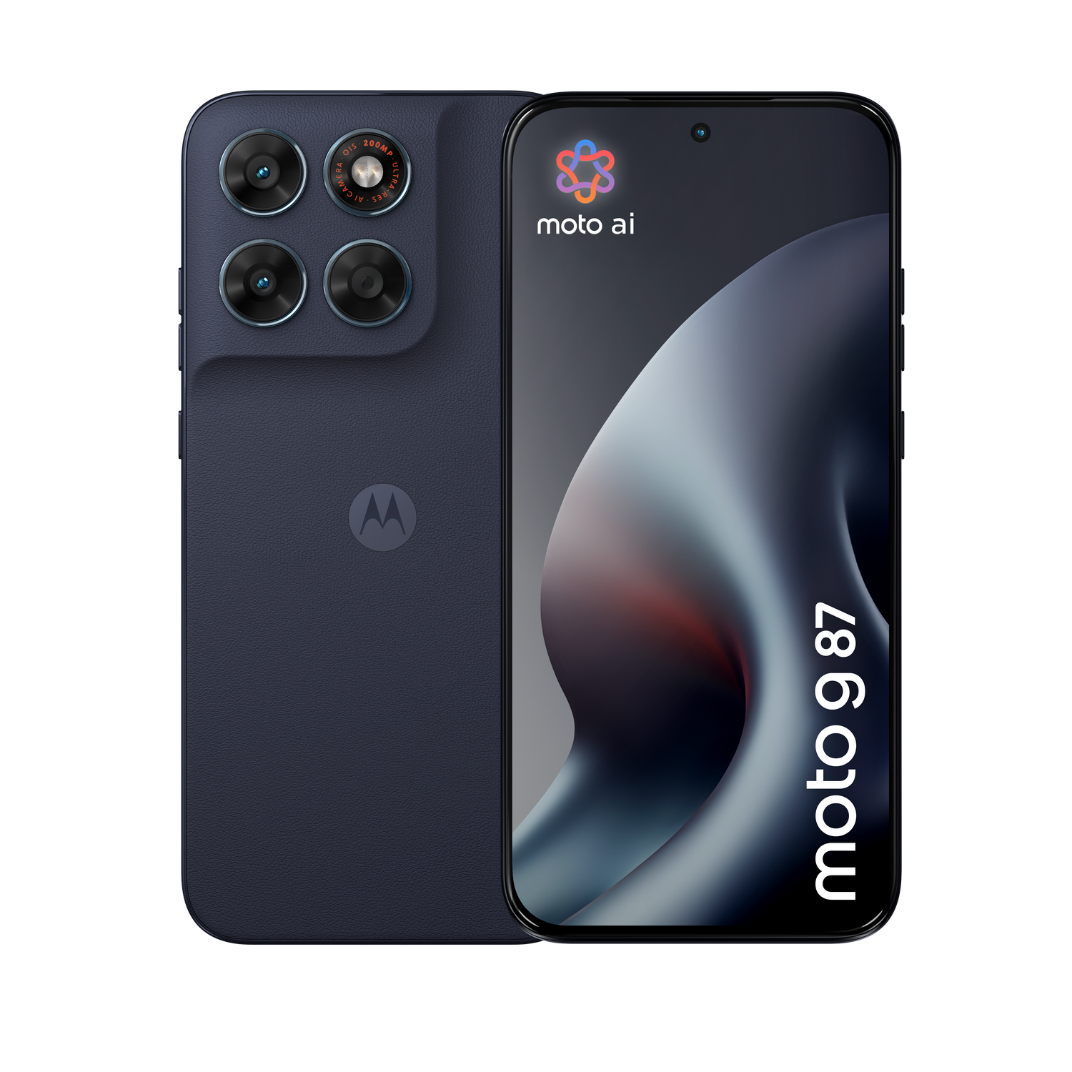 Teléfono inteligente Motorola azul oscuro con cuatro cámaras traseras y Moto AI en pantalla.
