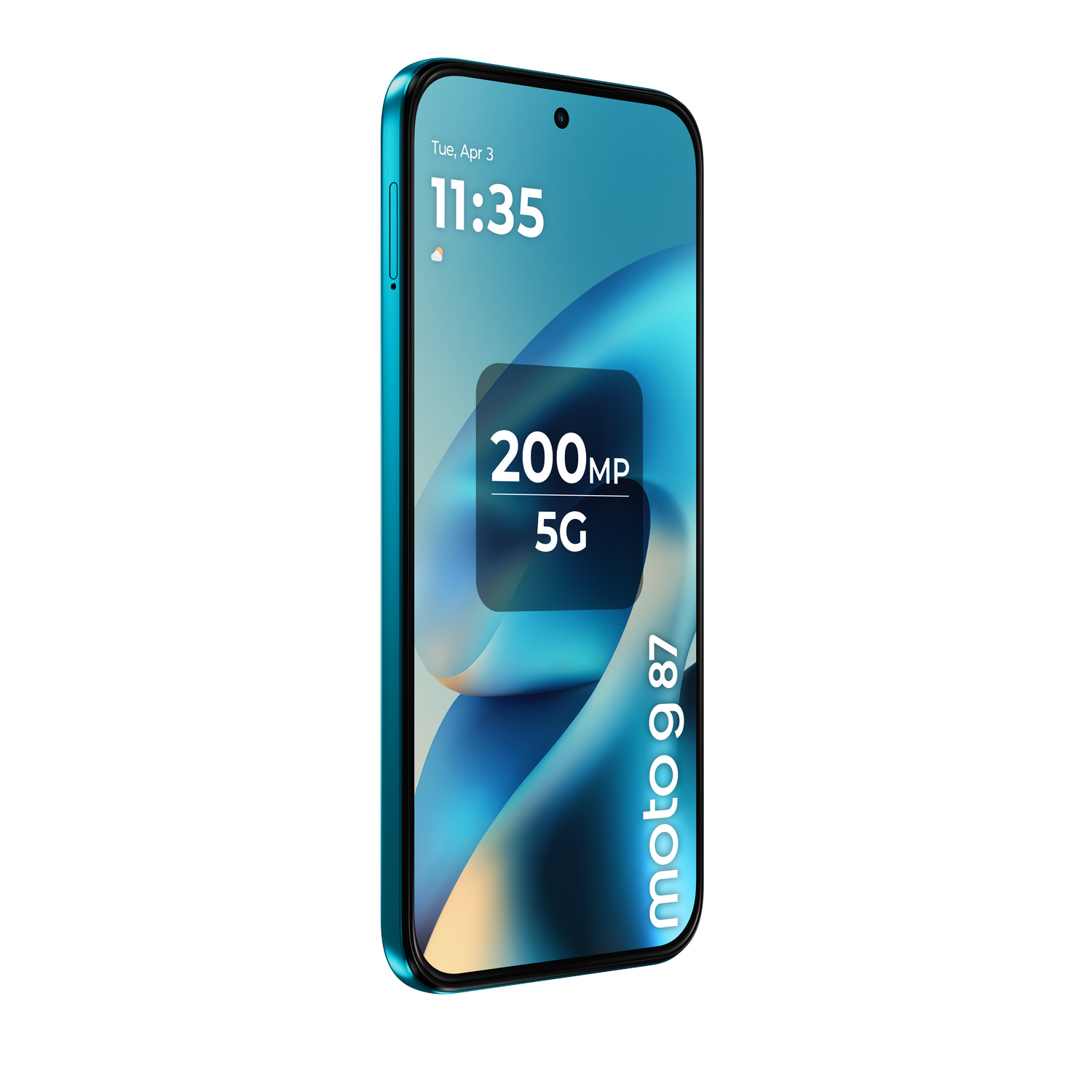 Un smartphone turquesa que muestra 200MP 5G y 'moto g 87' en pantalla.