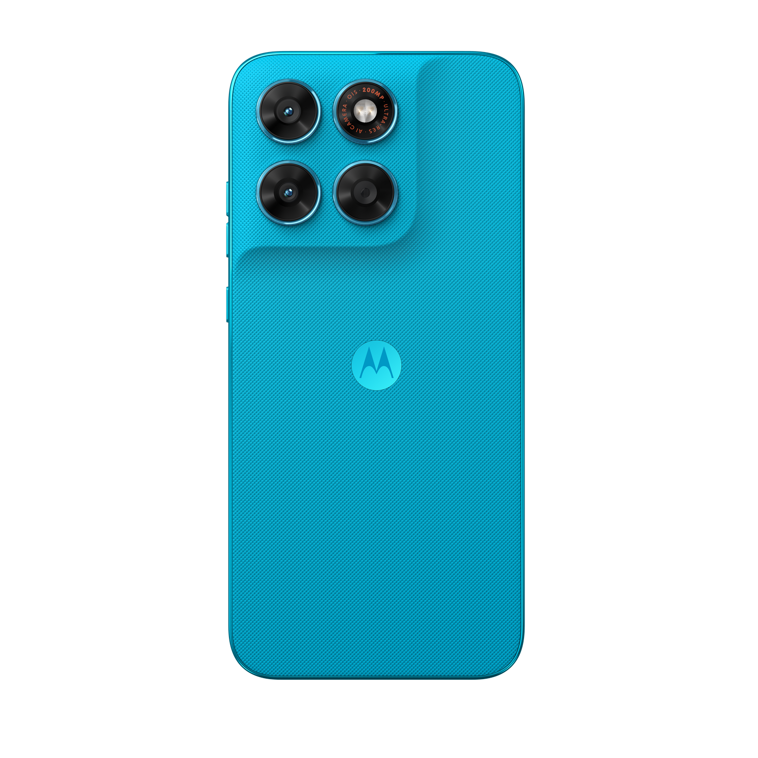 Smartphone turquesa con cuatro cámaras y logo de Motorola en la parte trasera.