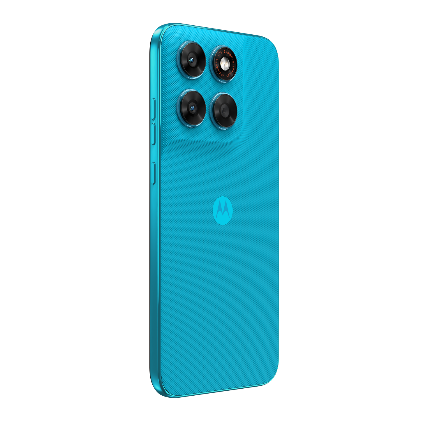 Parte trasera de un smartphone turquesa con cuatro cámaras y logo de Motorola.