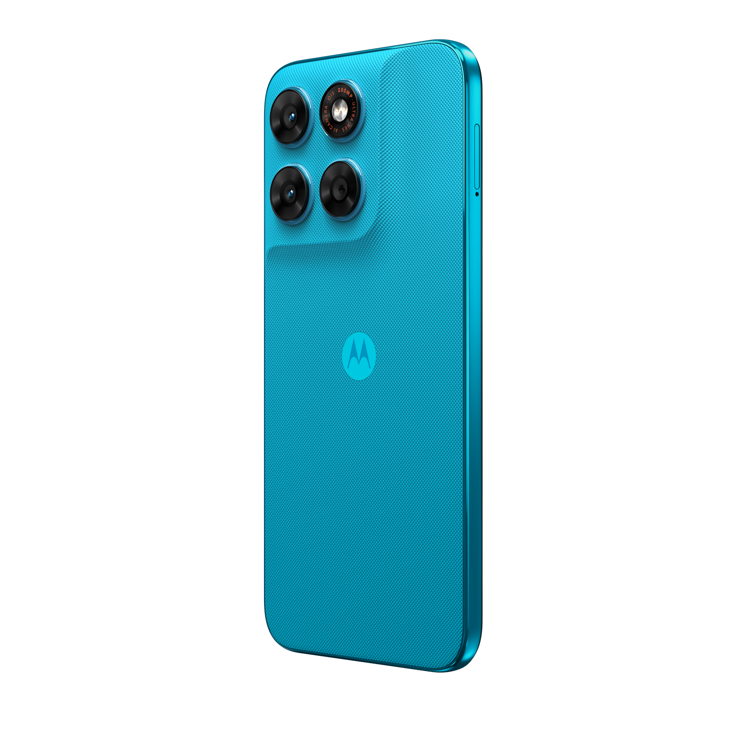 Un smartphone turquesa con cuatro cámaras en la parte trasera y un logo de Motorola.