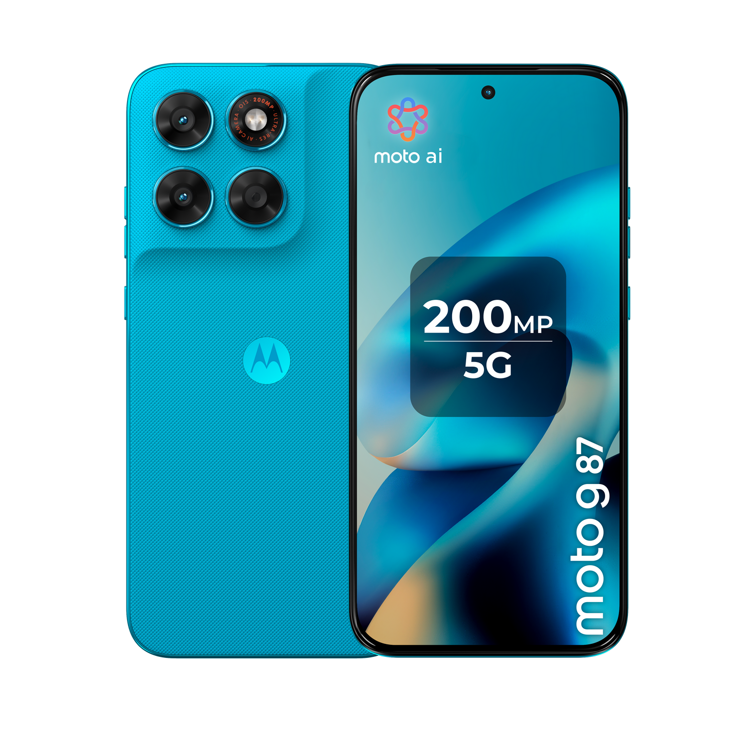 Un smartphone Motorola Moto G 87 5G turquesa con cámara de 200 MP y Moto AI.