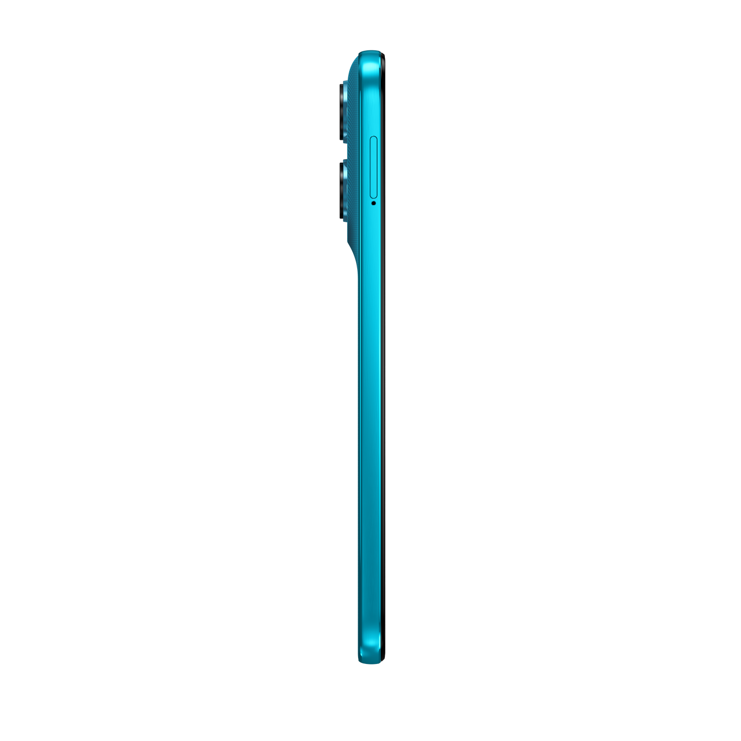 Un smartphone turquesa mostrado de lado, con cámaras y botones visibles.
