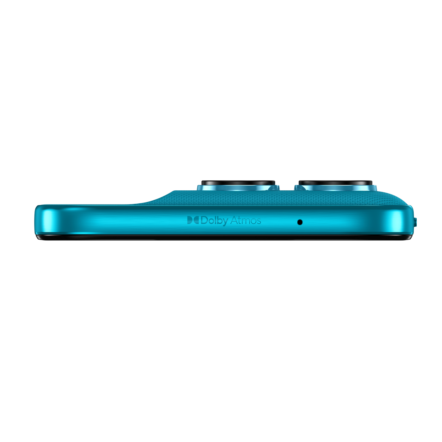 Teléfono inteligente azul con dos cámaras y logo Dolby Atmos. Fondo gris.