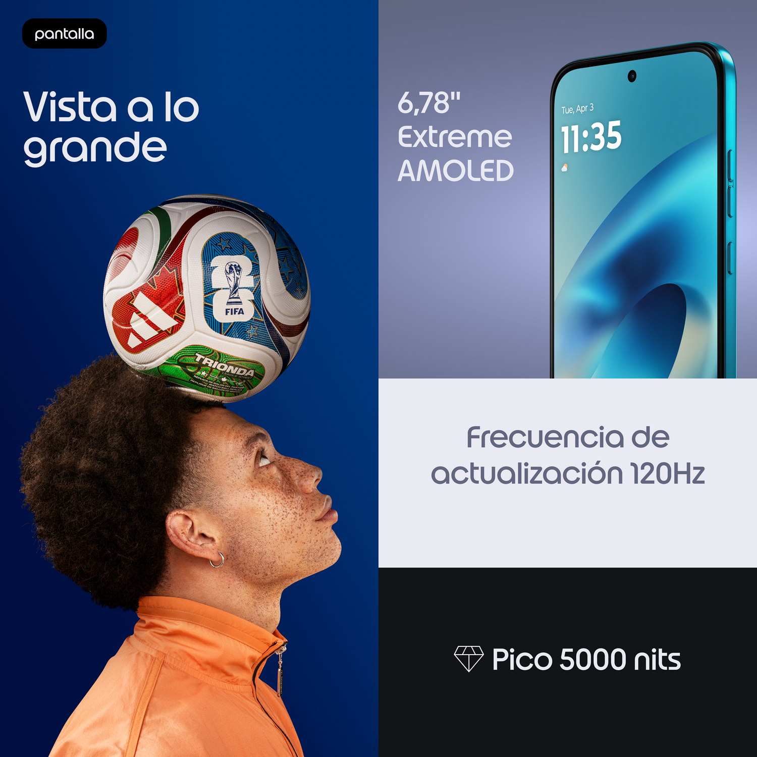 Hombre equilibra balón de fútbol en la cabeza junto a un móvil con pantalla AMOLED.