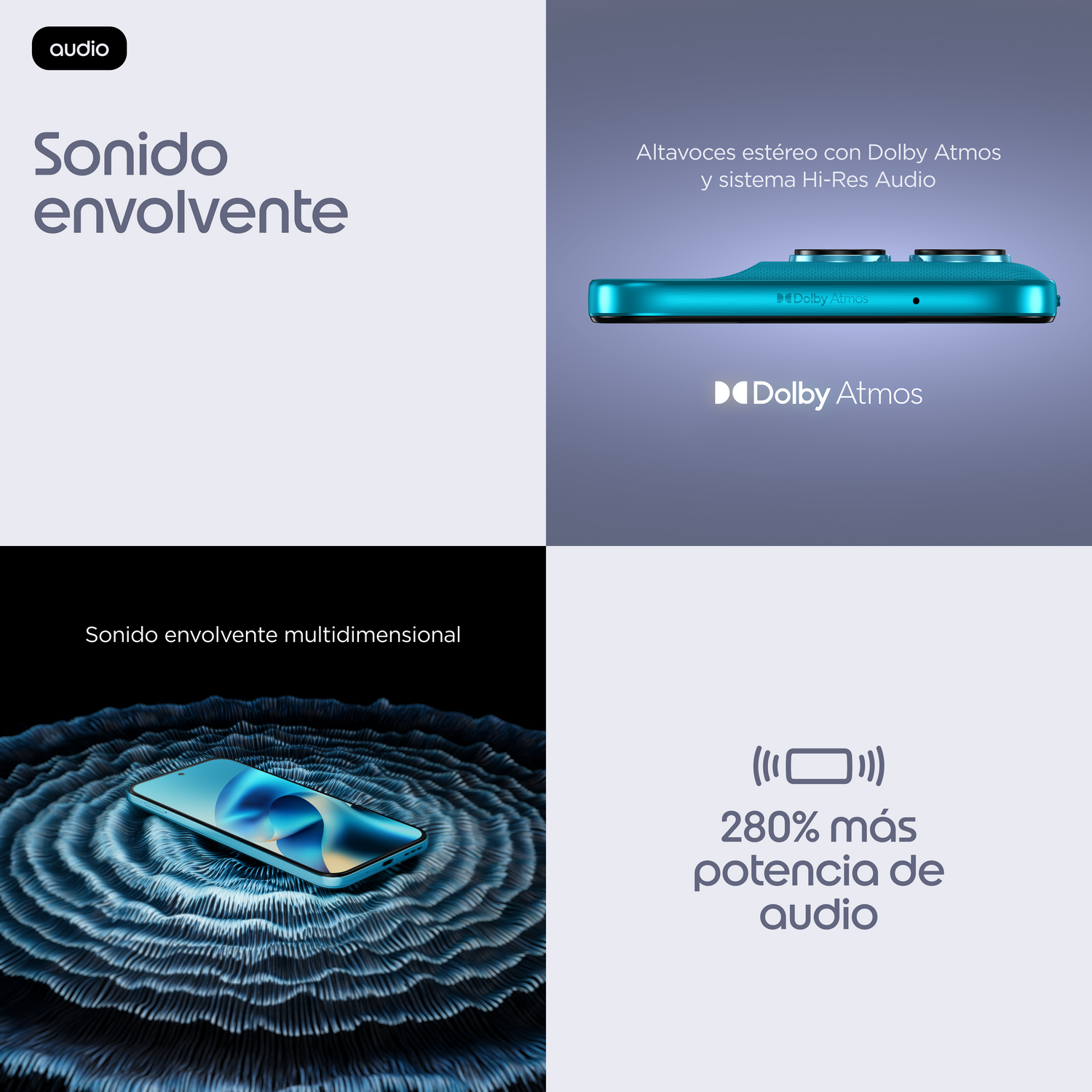 Un smartphone turquesa con logo Dolby Atmos, rodeado de ondas.