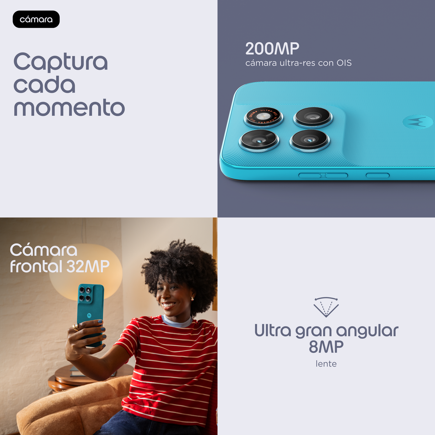 Trasera de teléfono azul con cuatro cámaras, mujer se hace un selfie con teléfono.