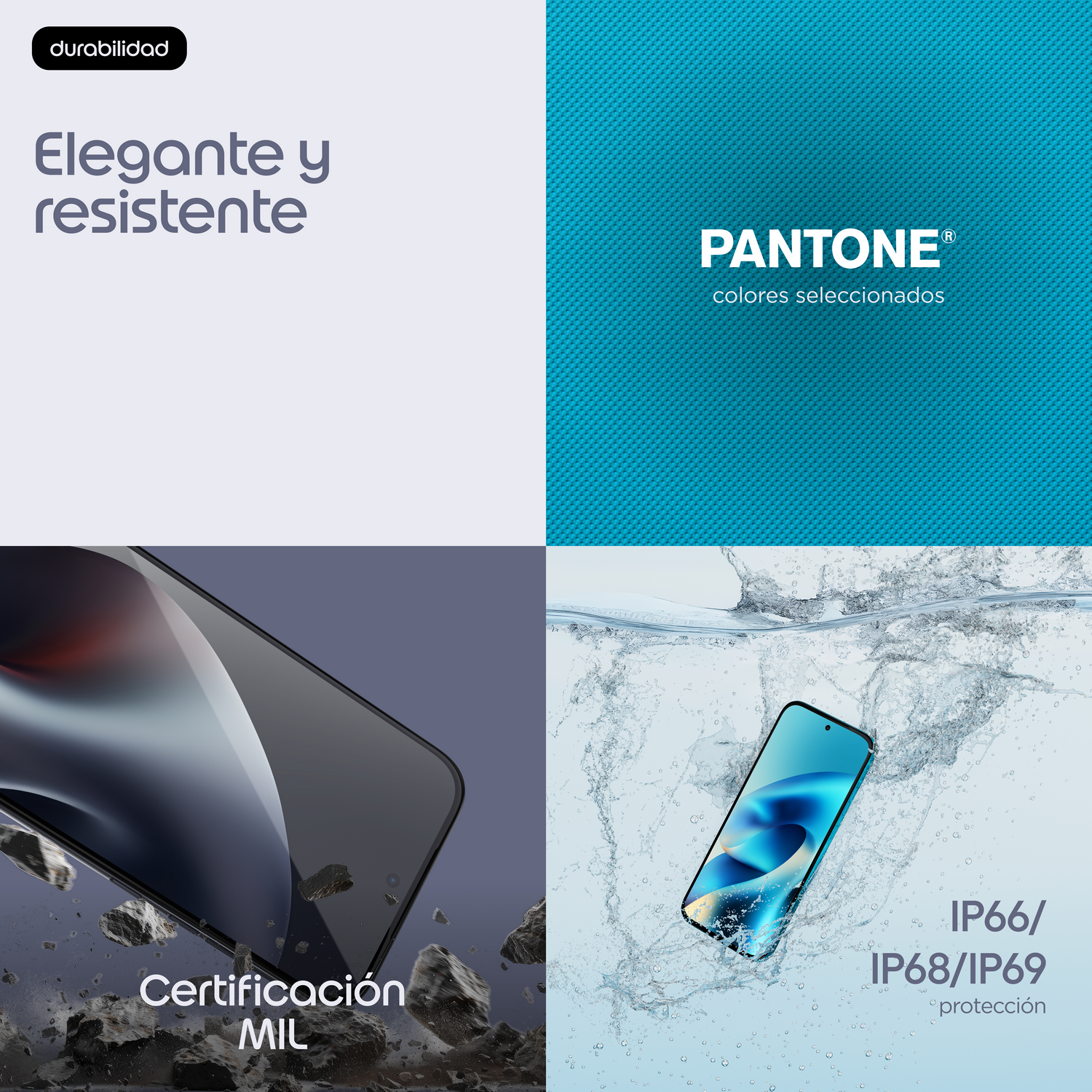 Un smartphone se sumerge en agua, junto a protección IP66/IP68/IP69.