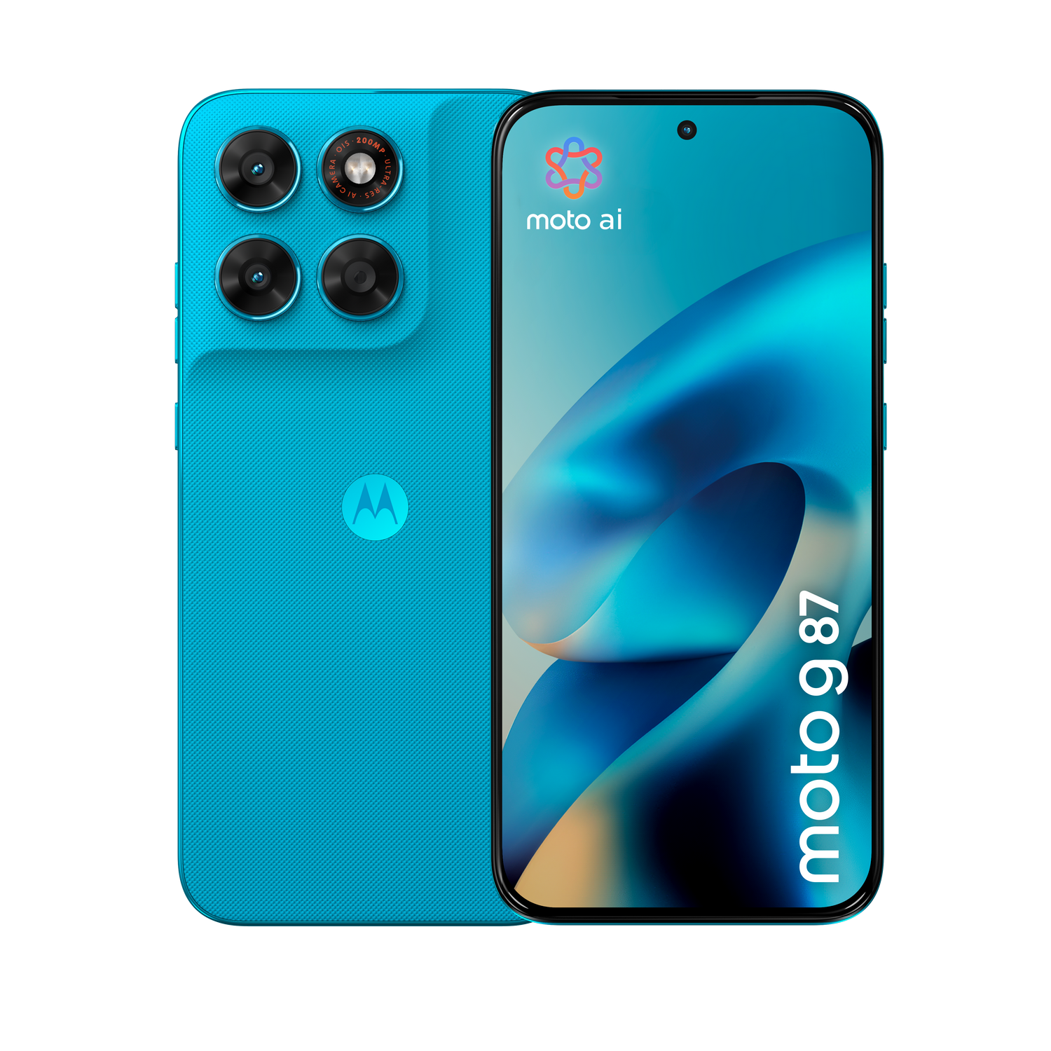 Un smartphone Motorola turquesa con cuatro cámaras traseras y el logo de Moto AI.
