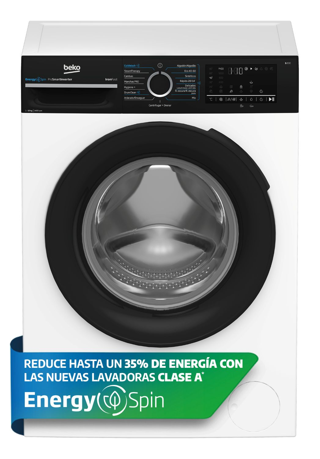 Una lavadora Beko blanca con puerta y panel de control negros.