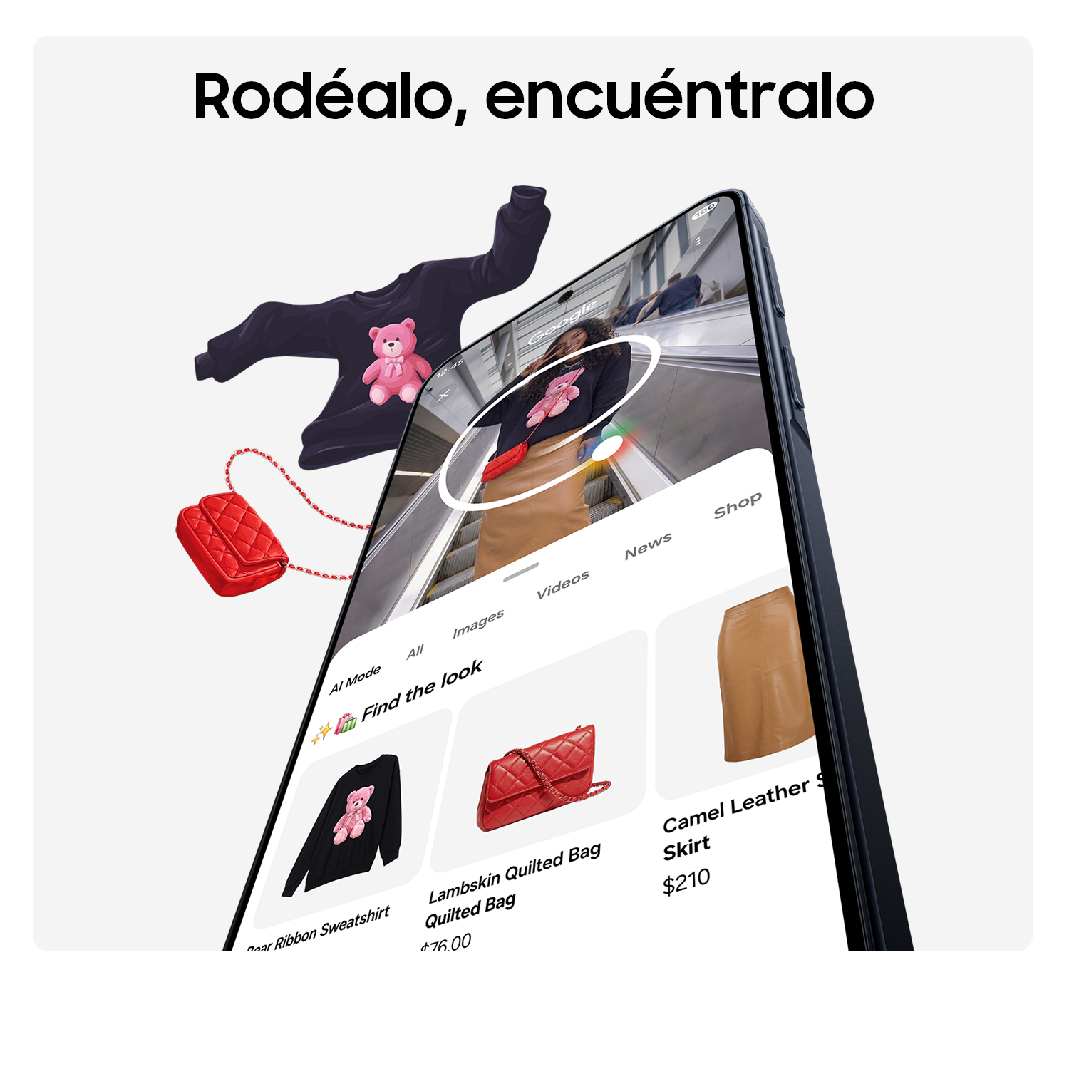Un jersey negro con oso de peluche, bolso rojo y móvil con app de compras.