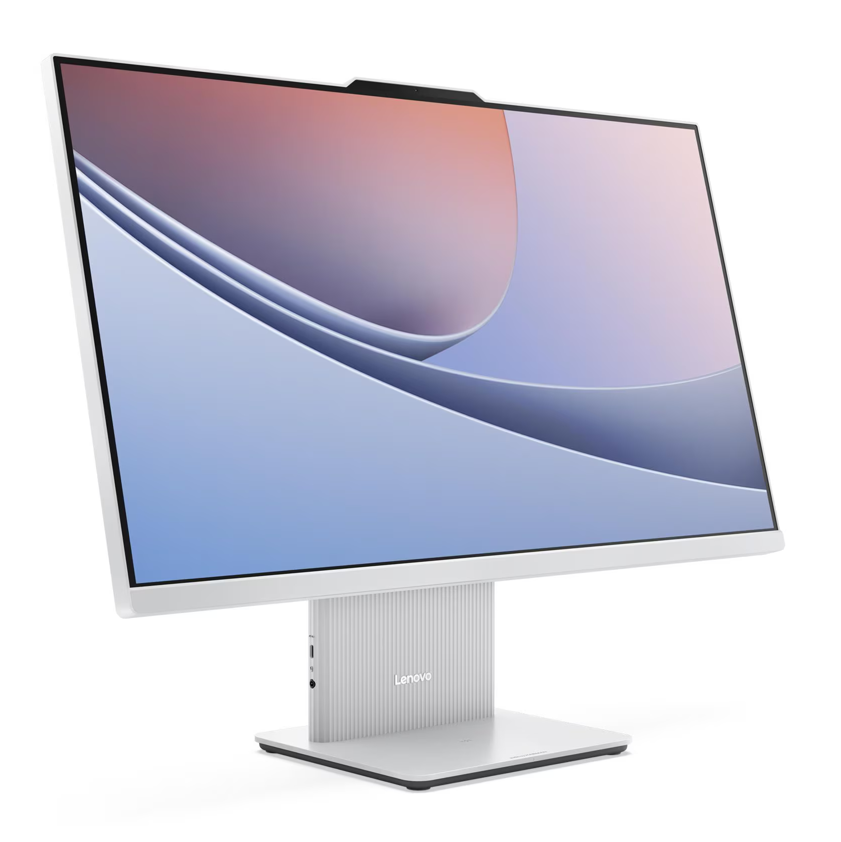 Biały komputer typu all-in-one Lenovo na białym tle. Ma elegancki wygląd.