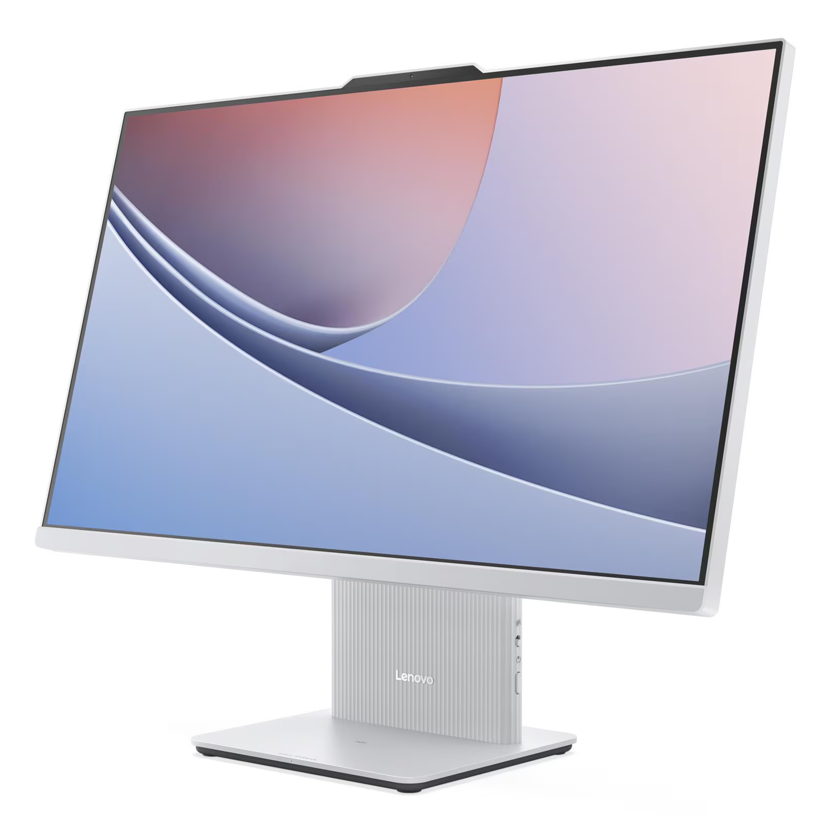 Biały komputer typu all-in-one o nowoczesnym designie z ekranem.