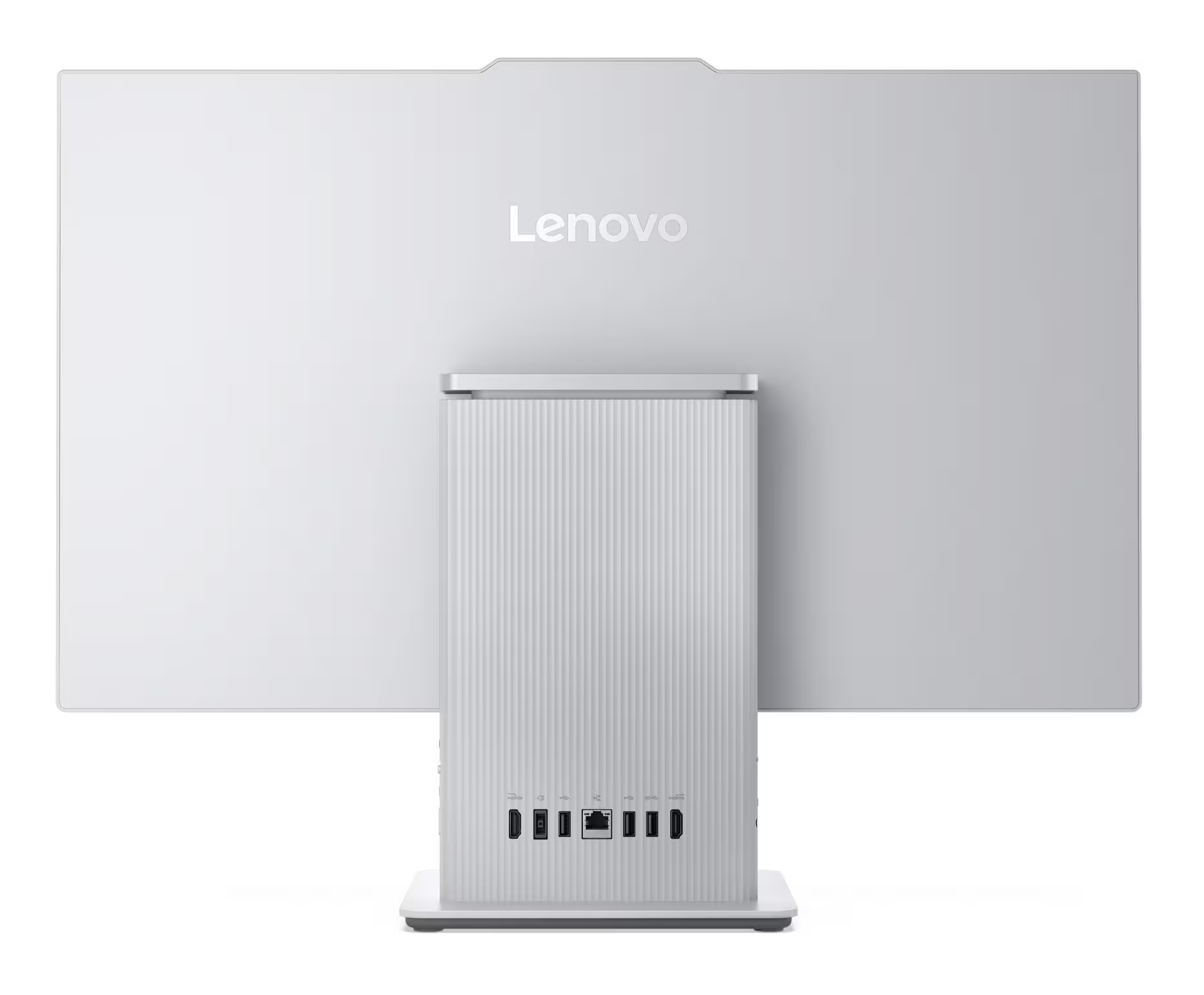 Tył białego komputera All-in-One Lenovo z portami u podstawy.