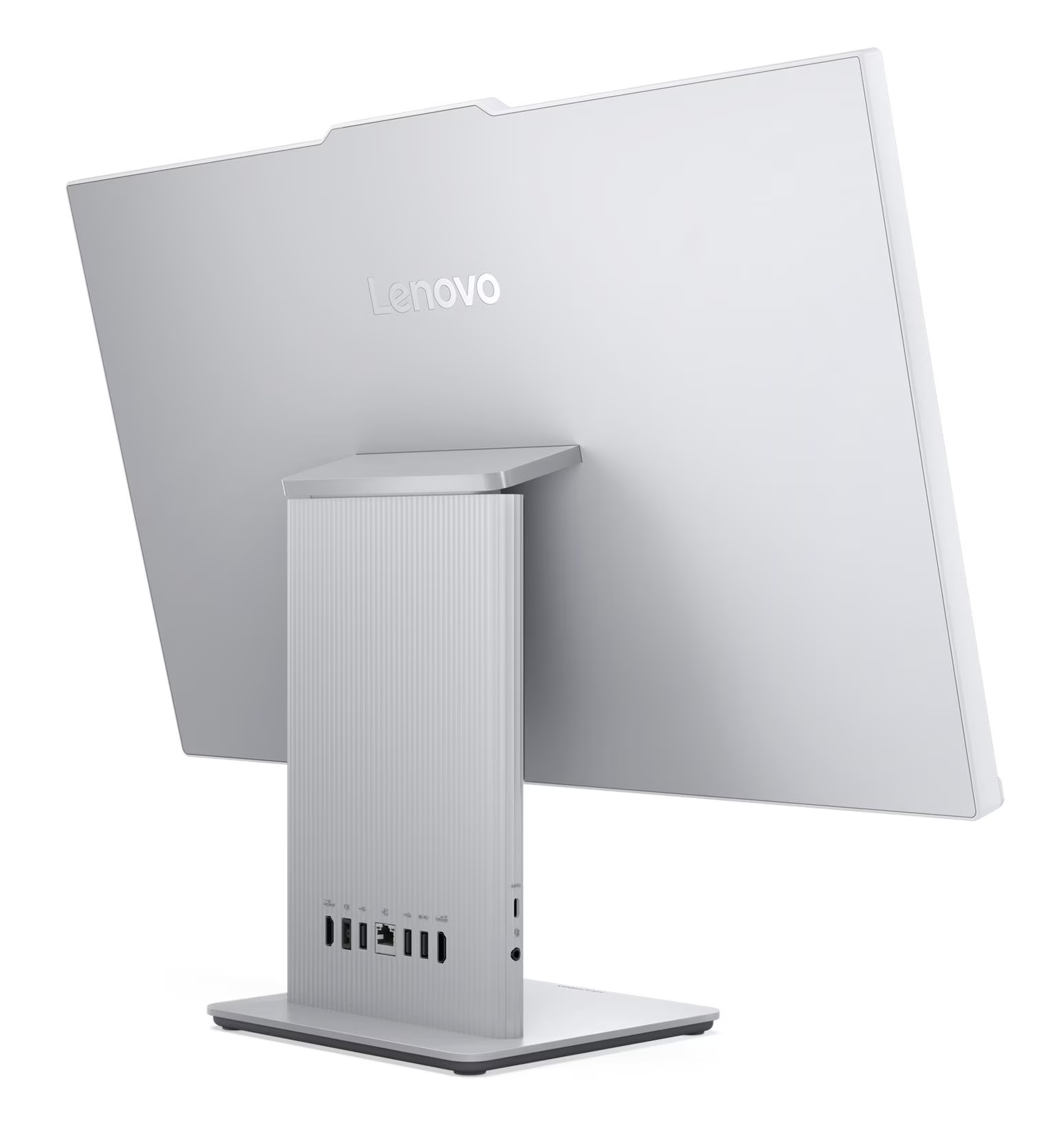 Widok z tyłu srebrnego komputera all-in-one Lenovo z portami.