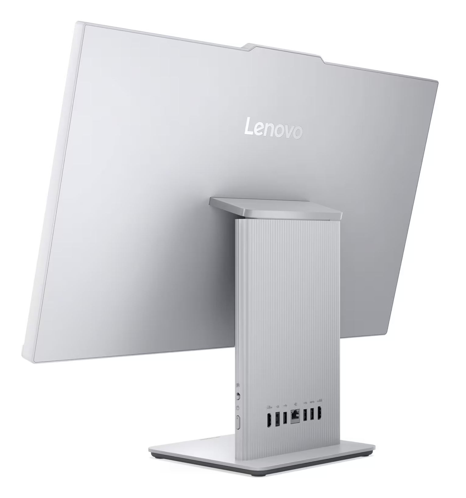 Tył srebrnego komputera all-in-one Lenovo z portami.