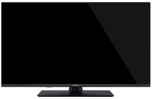Egy fekete síkképernyős televízió állvánnyal, fekete háttér előtt.