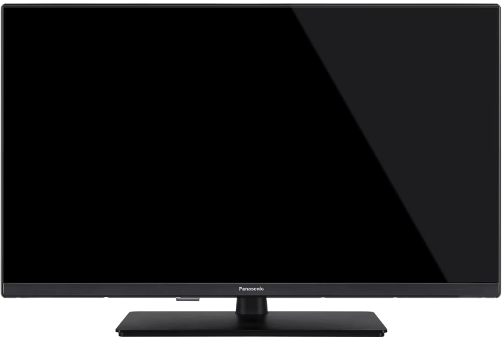 Egy fekete Panasonic televízió széles, sötét állvánnyal.