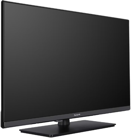 Egy fekete Panasonic síkképernyős televízió fekete állványon.