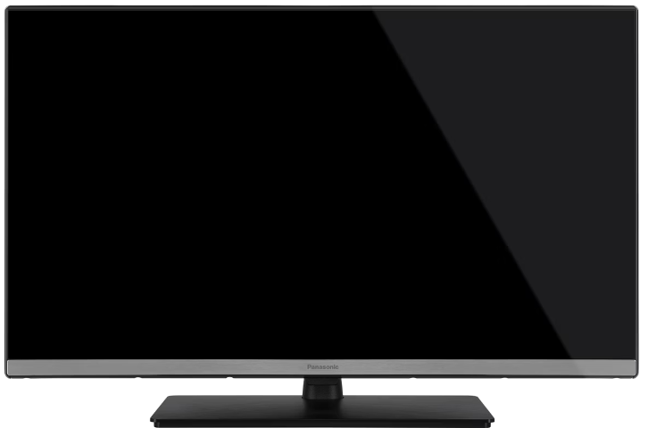 Fekete Panasonic televízió ezüst kerettel és állvánnyal.