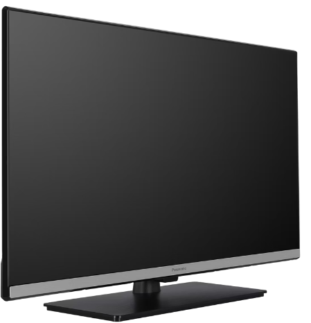 Egy fekete Panasonic síkképernyős TV vékony ezüst csíkkal az alsó kereten.