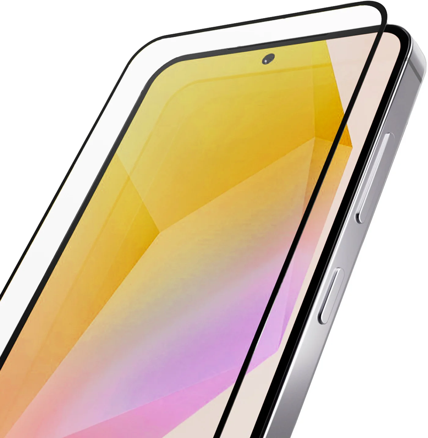 Ein Smartphone mit einem Displayschutz. Gelb-rosafarbener Hintergrund.