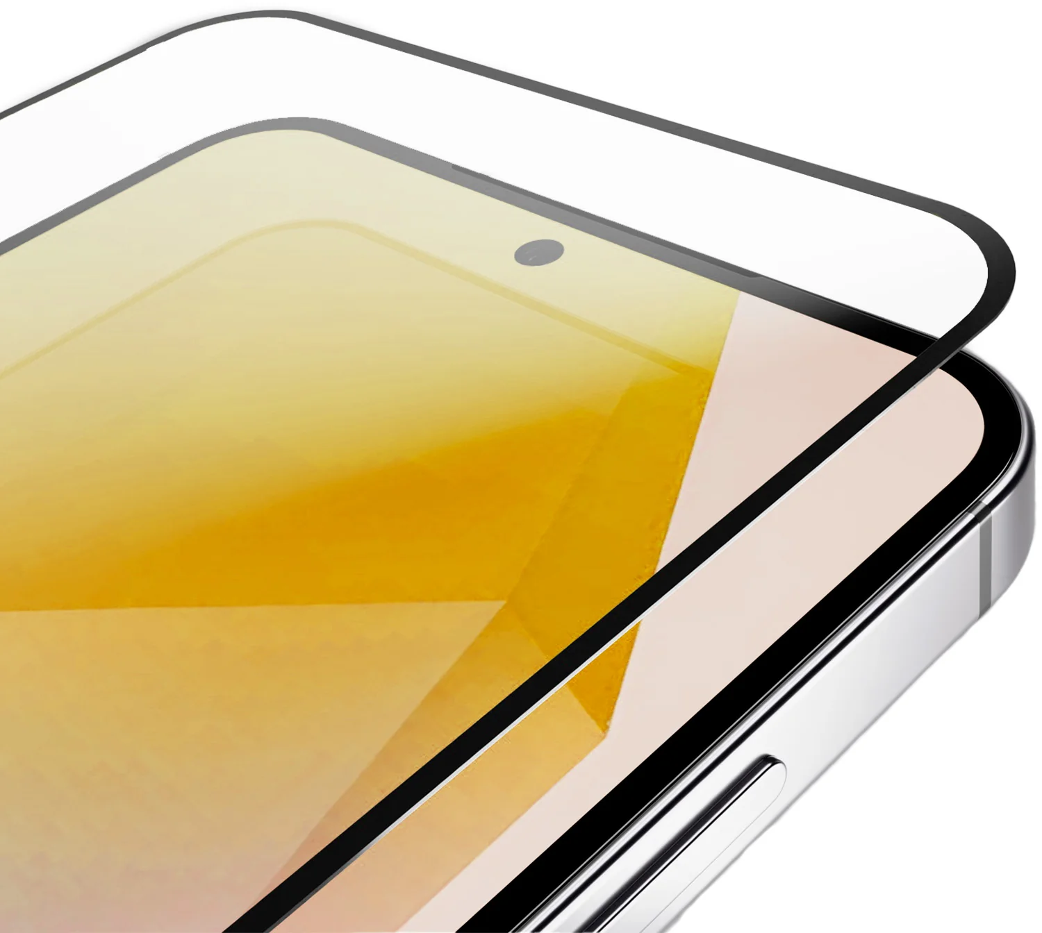 Displayschutzfolie für ein Smartphone mit silbernem Rahmen und gelbem Bildschirm.