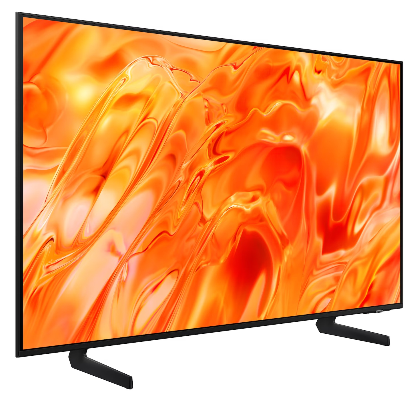 Nowoczesny telewizor wyświetlający żywy, pomarańczowy wzór abstrakcyjny na ekranie.