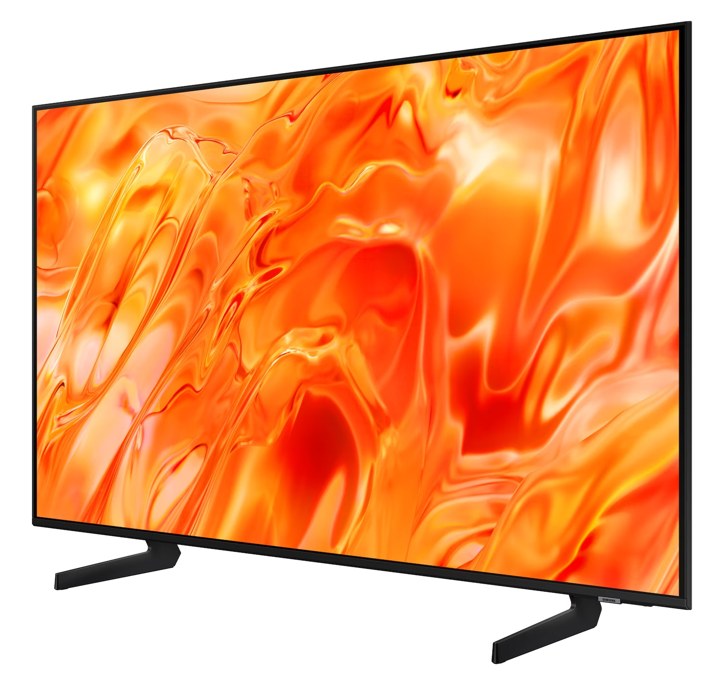 Nowoczesny telewizor z dynamicznym pomarańczowym ekranem i eleganckim czarnym stojakiem.