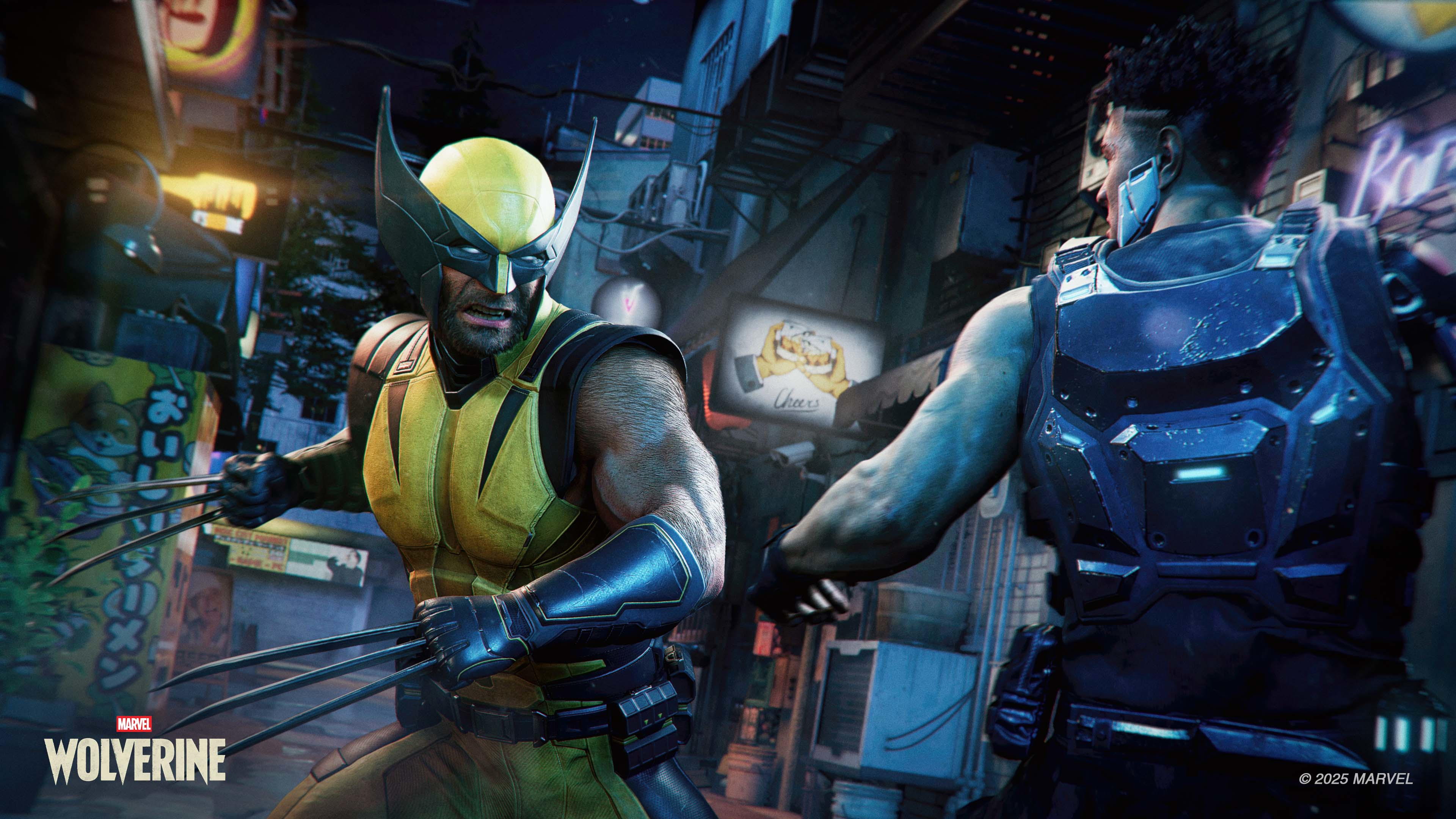 Wolverine en costume jaune avec griffes fait face à un homme en armure bleue.