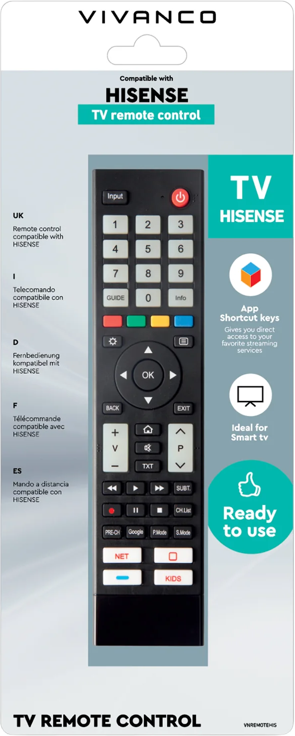 Ein schwarzer TV-Fernbedienung mit Tasten für Hisense-Fernseher.