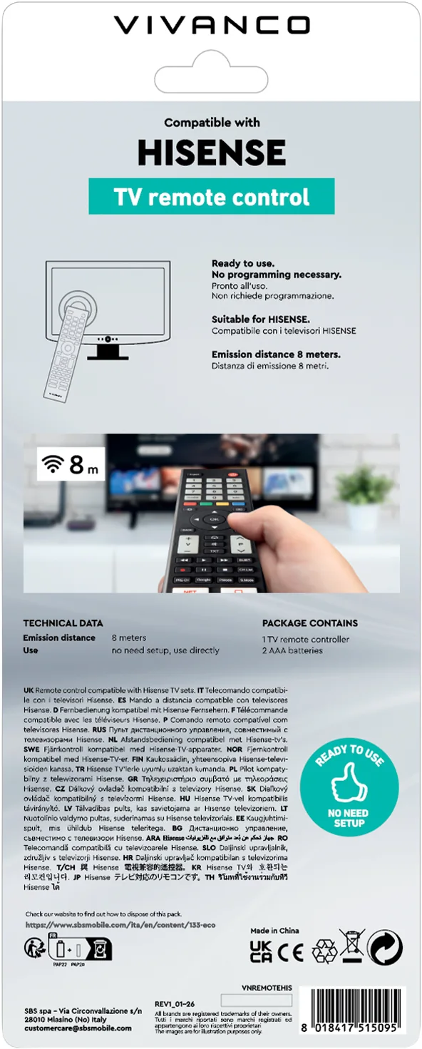 VIVANCO TV-Fernbedienung für Hisense, Reichweite 8m, keine Programmierung nötig.