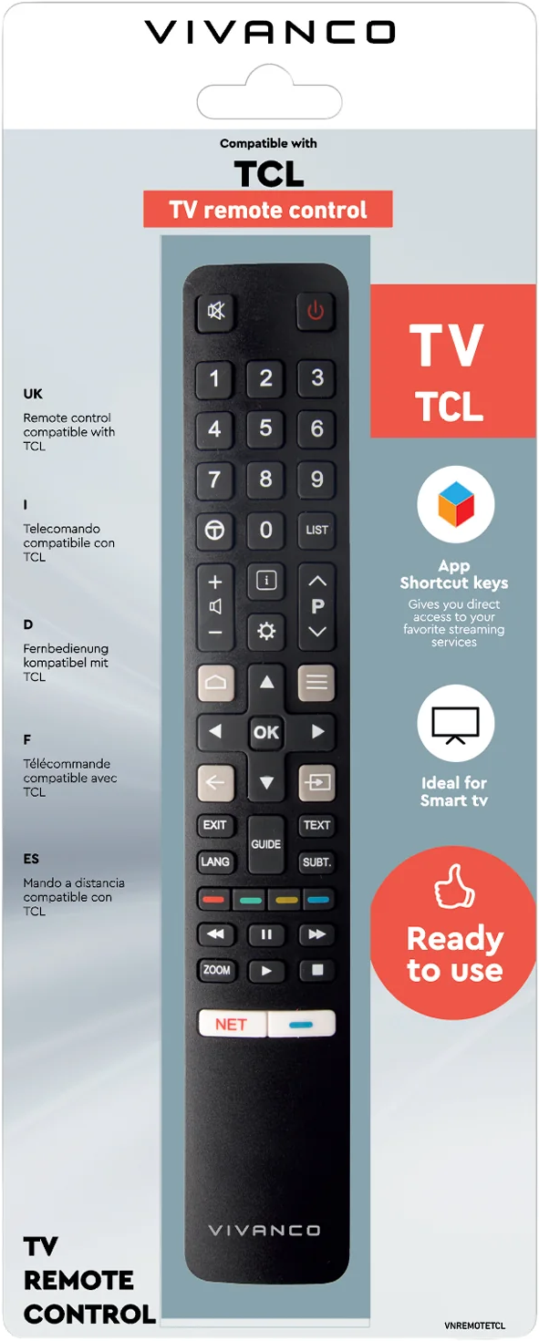 Schwarze TCL TV Fernbedienung mit Tasten für Apps und Smart TV.