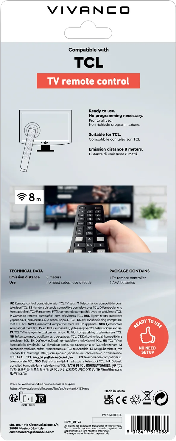 VIVANCO TV-Fernbedienung, kompatibel mit TCL, Reichweite 8m.