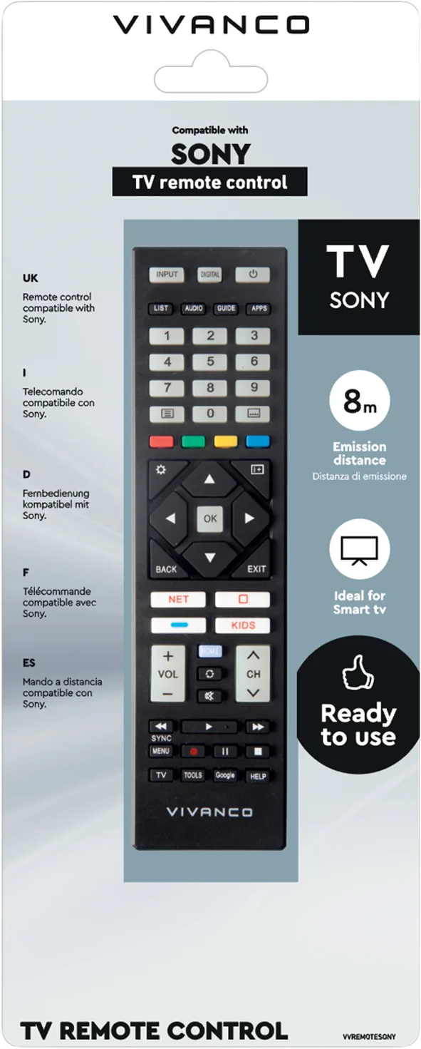 Vivanco TV-Fernbedienung für Sony mit Zifferntasten, Navigation und Hotkeys.