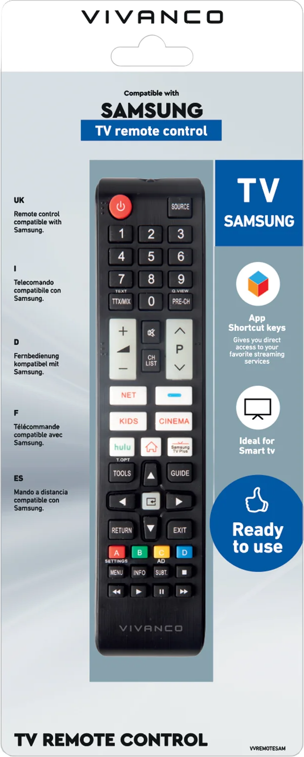 Ein schwarzer Samsung TV-Fernbedienung von Vivanco mit App-Tasten.