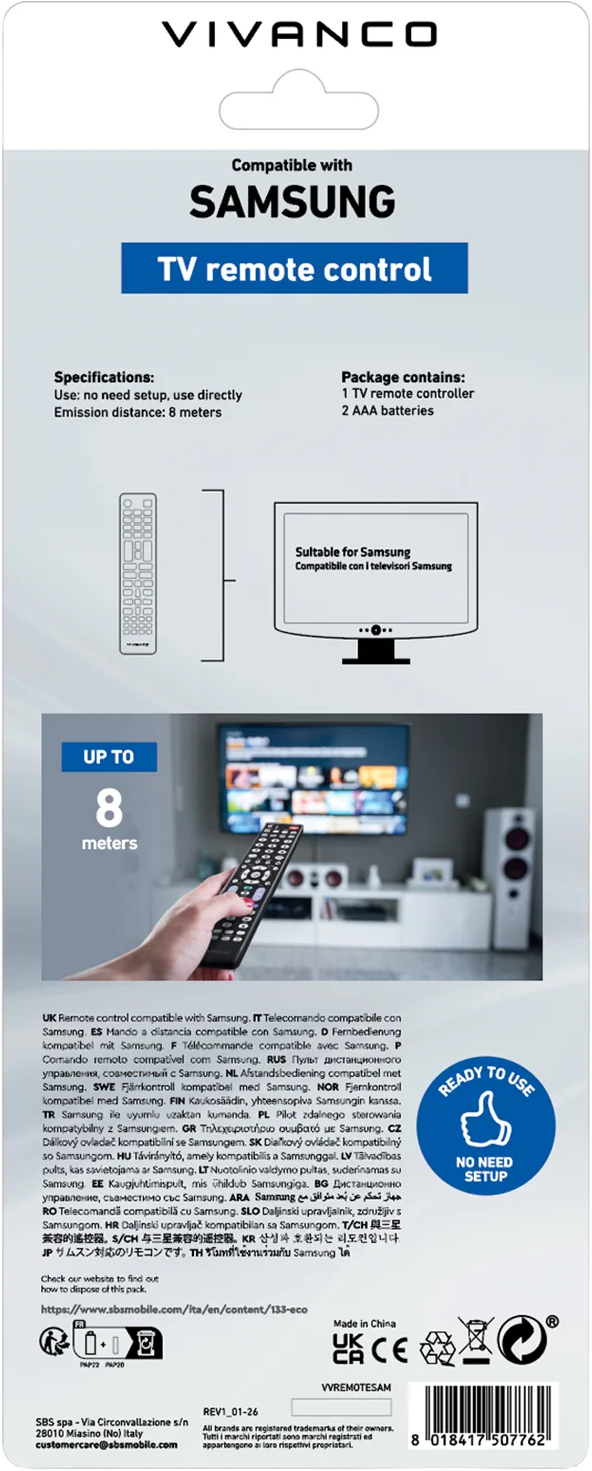 Verpackung für einen Samsung TV-Fernbedienung mit Spezifikationen.