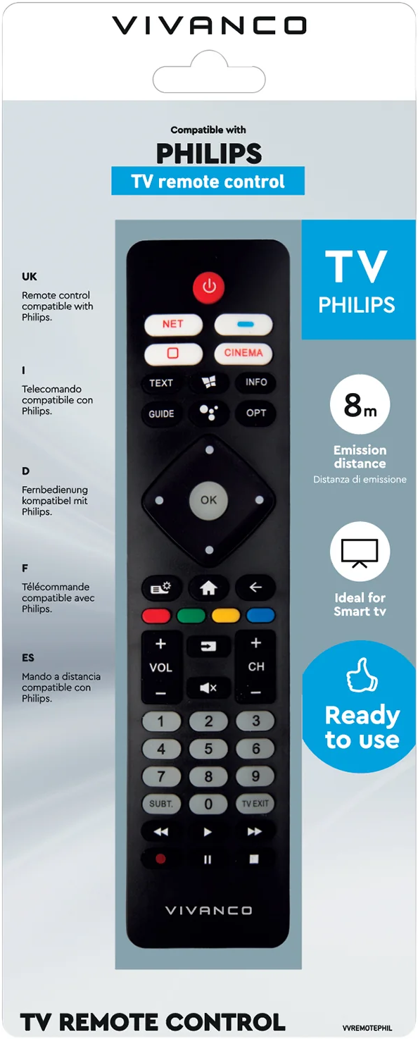 Ein schwarzer Vivanco TV-Fernbedienung für Philips-Fernseher mit Tasten.