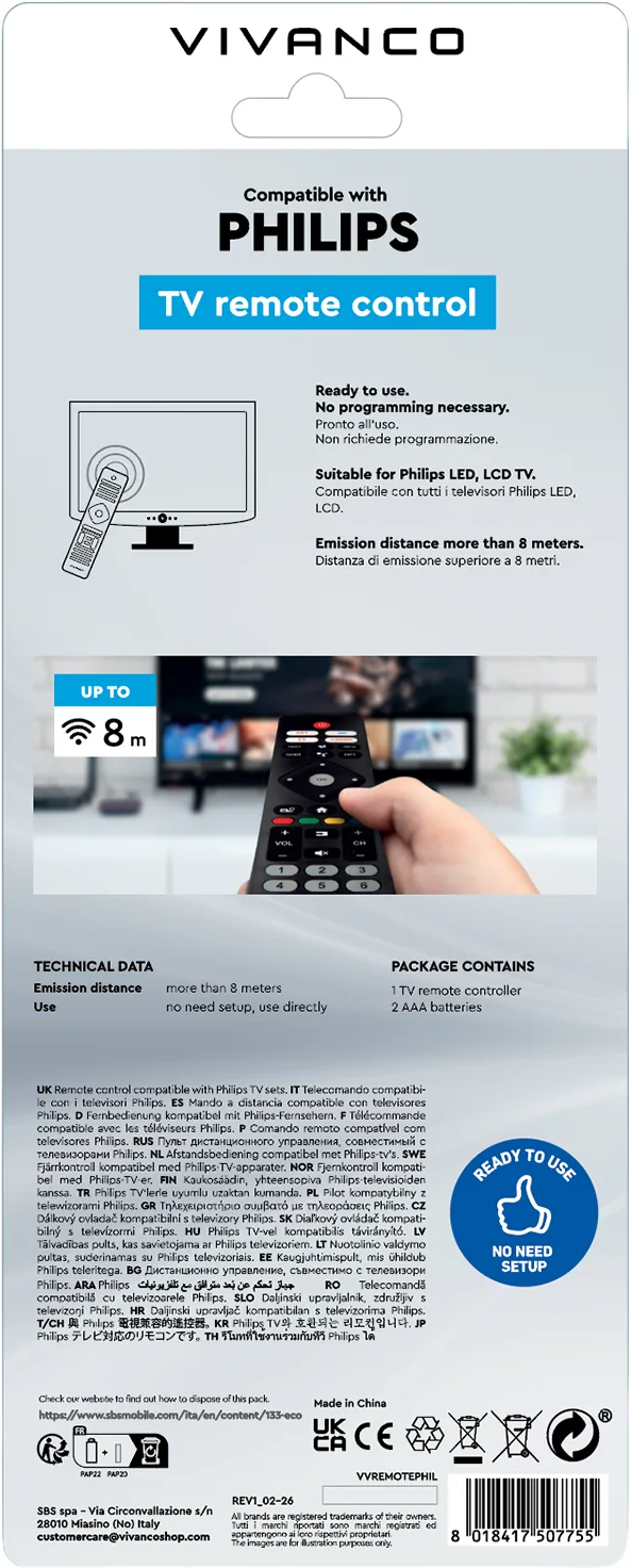 VIVANCO TV-Fernbedienung, kompatibel mit Philips. Reichweite über 8m.